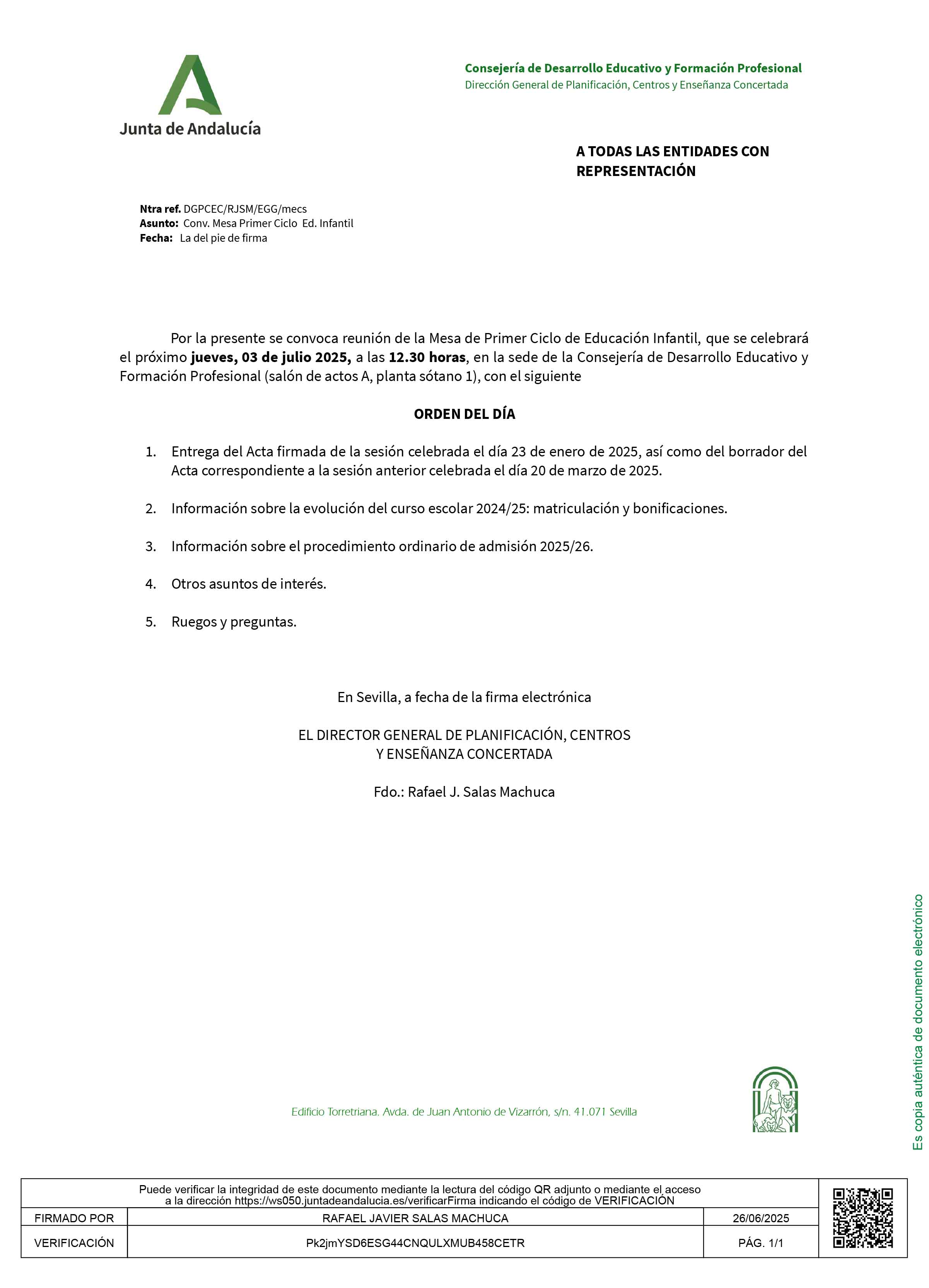 Convocatoria Mesa de infantil A todas las Entidades 3julio25